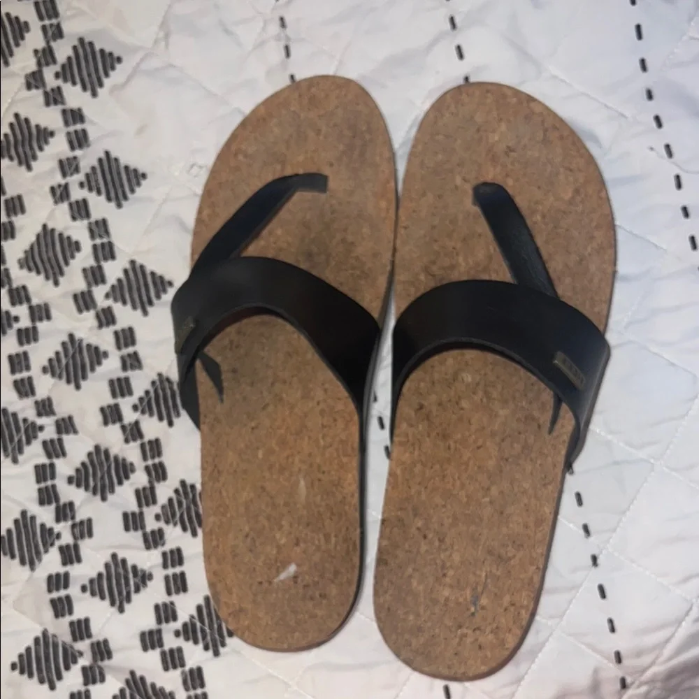 Reef Black Cork Platform Flip Sandals with White Trim